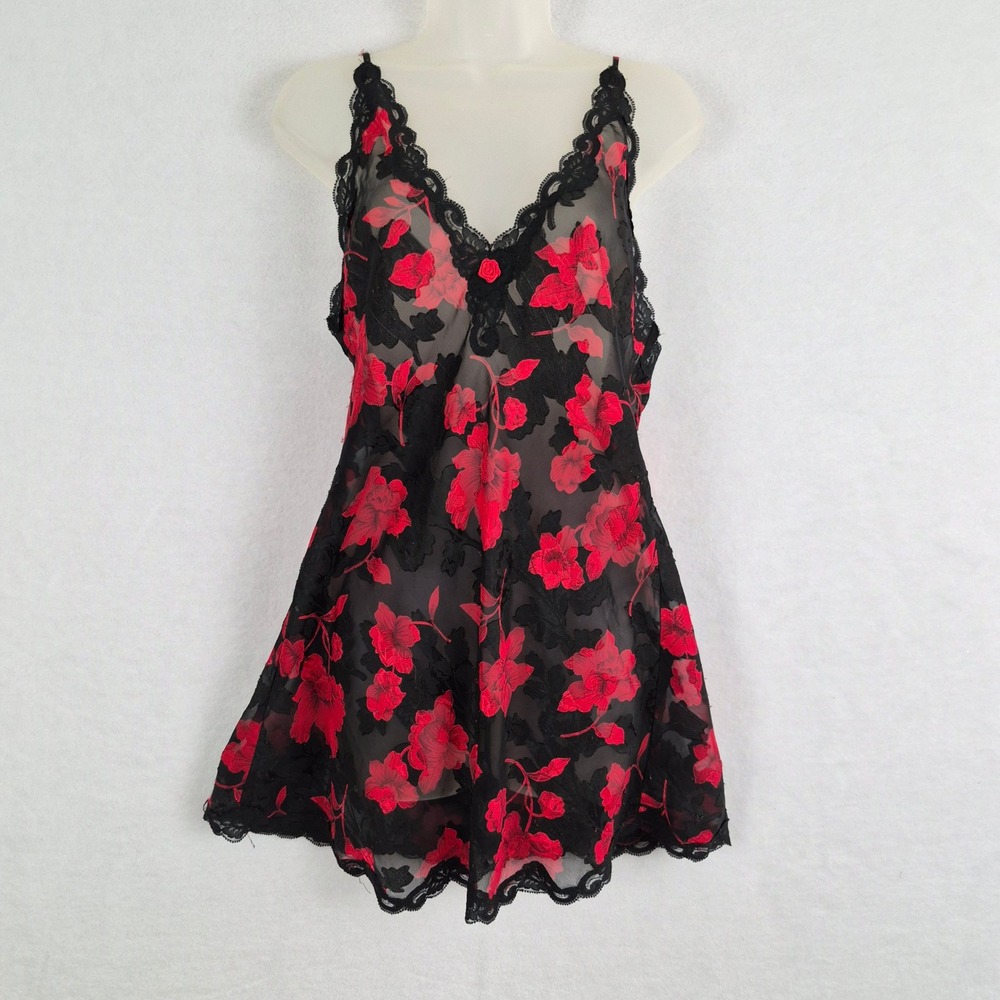 Vtg Y2k 90s L.A. Intimates Red Floral Small Black Lace Sheer Nighty Lingerie
